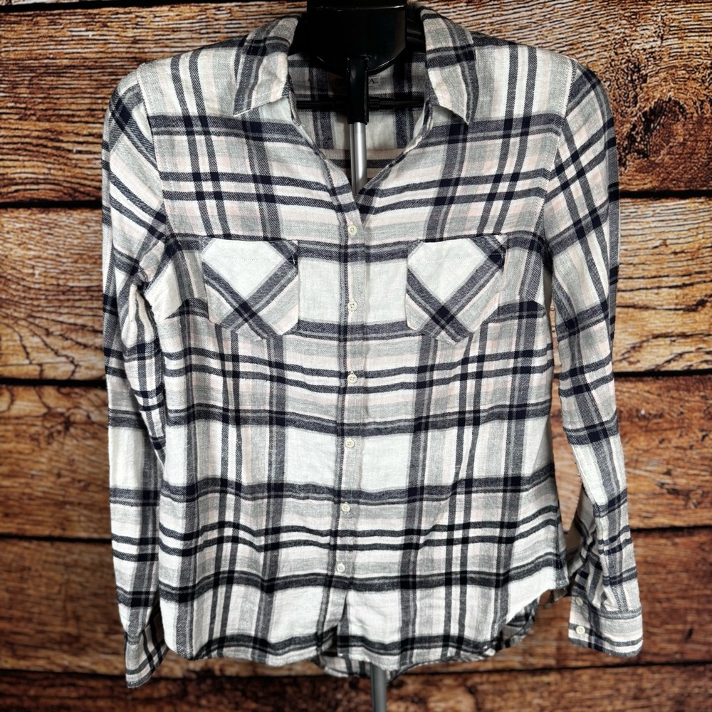 Merona Womens Plaid Button Down Shirt Small White Black Pink Cotton Long‎ Sleeve